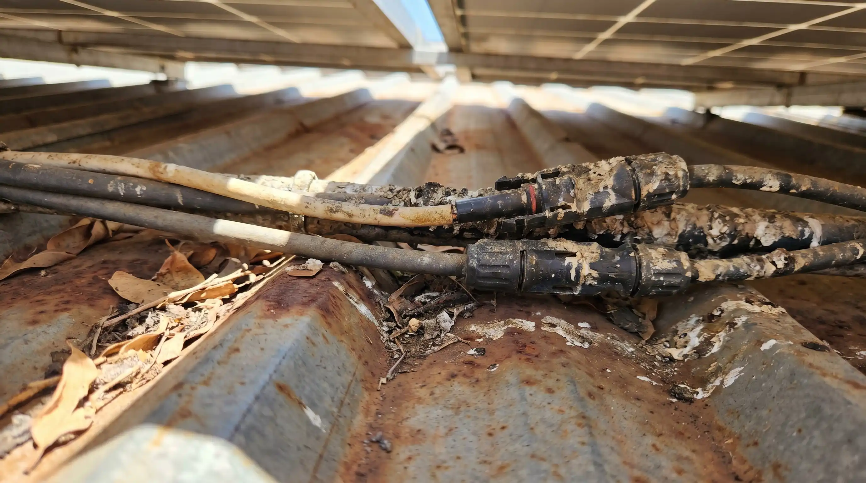 Corroded and damaged solar panel wiring caused by bird droppings and nesting debris