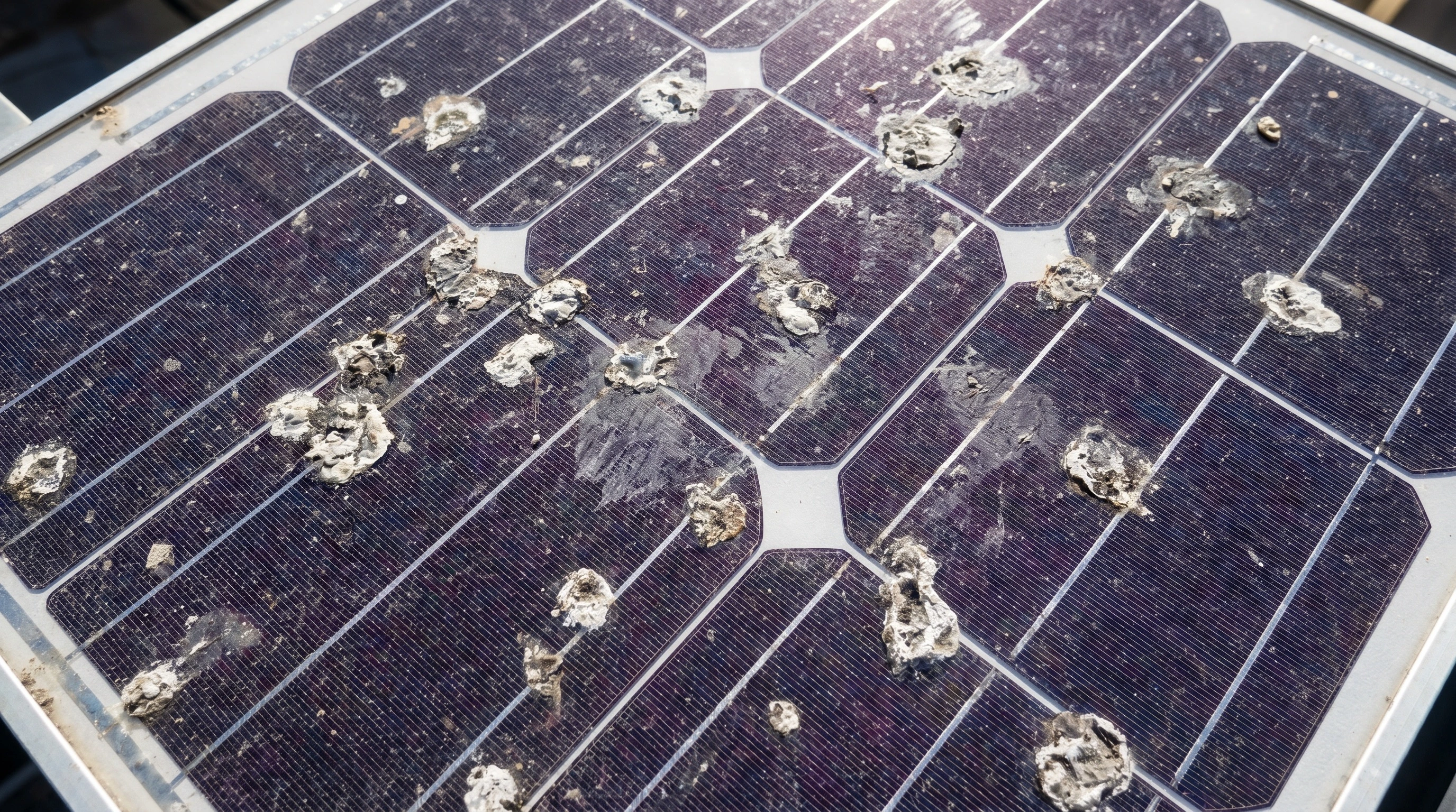 Solar panel heavily fouled with pigeon droppings causing localised shading and reduced output
