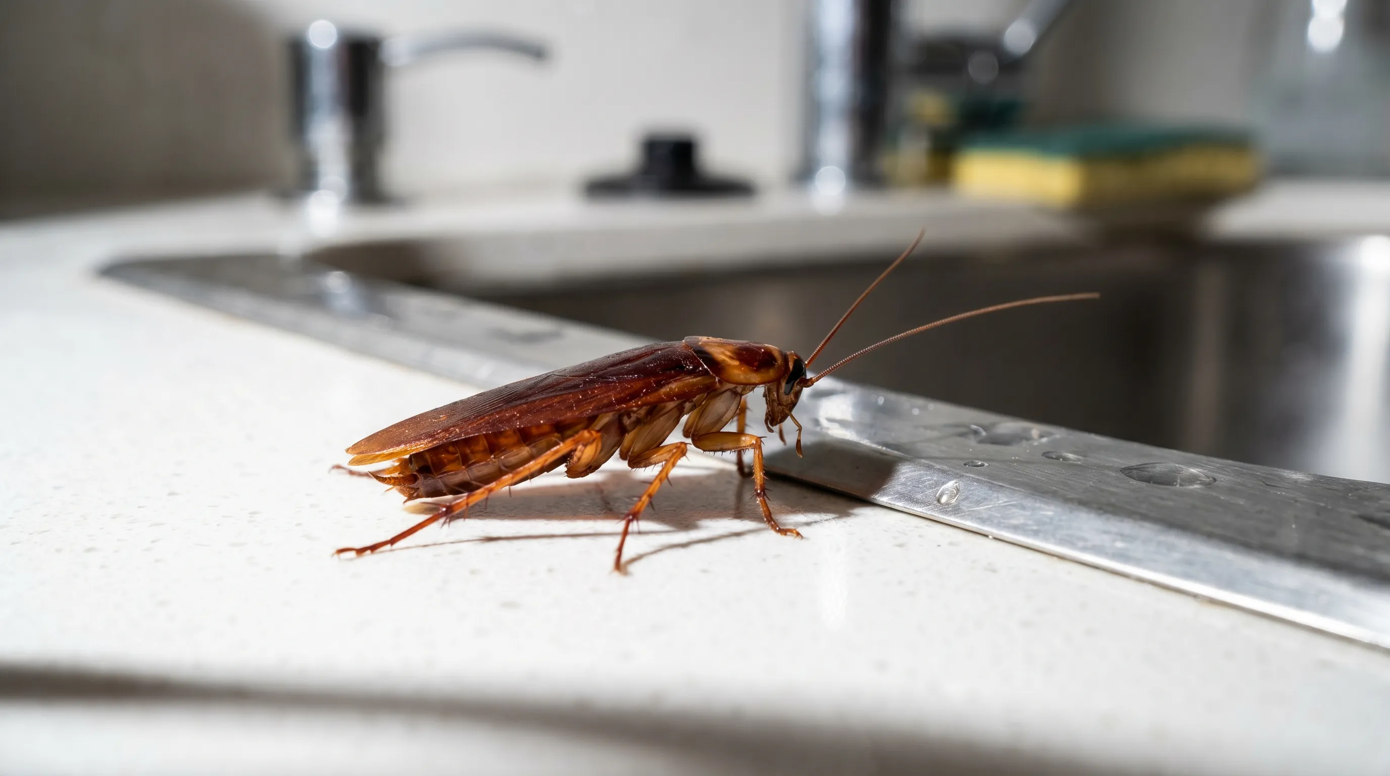 Close-up of cockroach on kitchen countertop