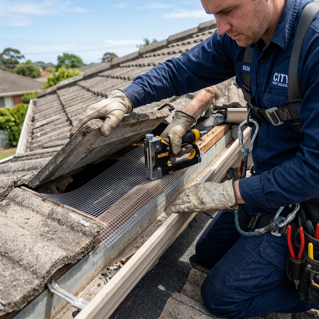 Sealing ridge capping gaps during possum proofing on a heritage terrace in Sydney