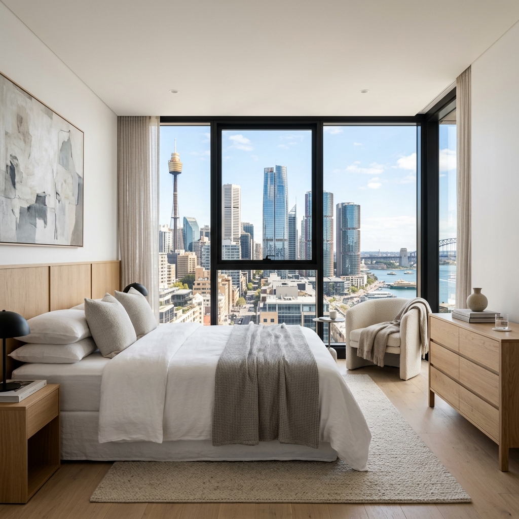 A modern high-rise apartment bedroom in Sydney CBD showing a skyline view through the window